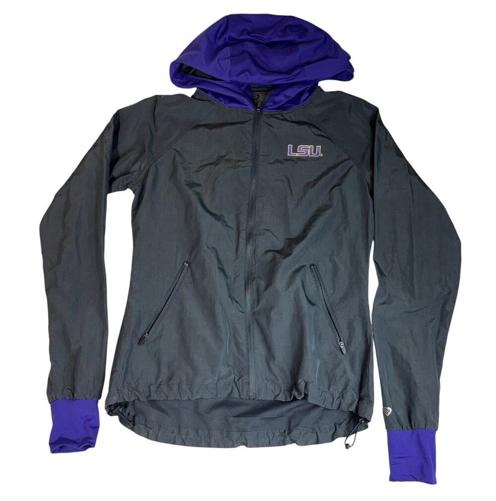 LSU TIGERS COLOSSEUM ATHLETICS BLACK PURPLE FULL ZIP WINDBREAKER W/ HOOD SMALL